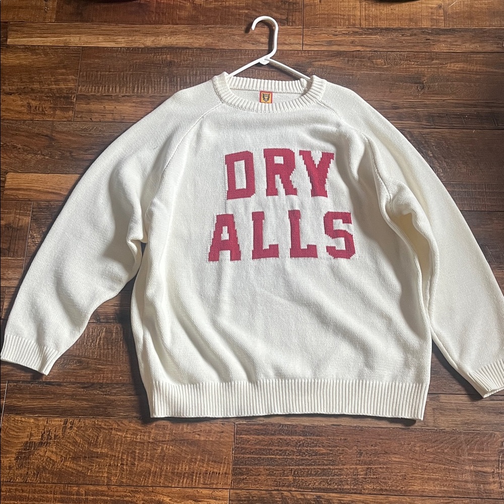 Human Made White Crewneck Sweater with Red Text  (Loose Fit)